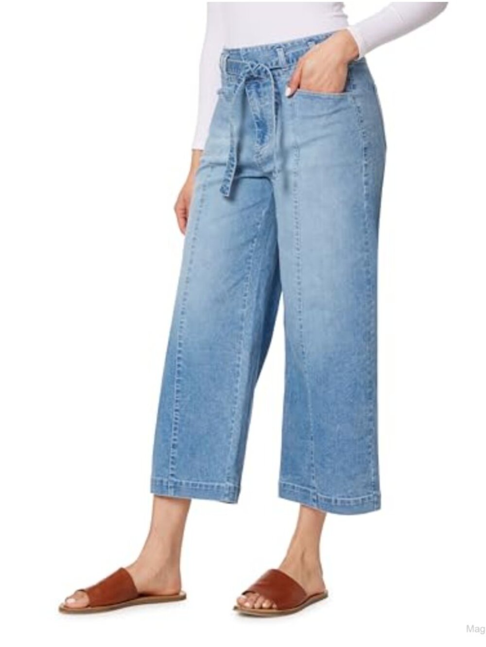 Wide Leg High Rise Cropped Jeans Belted Cotton Blend